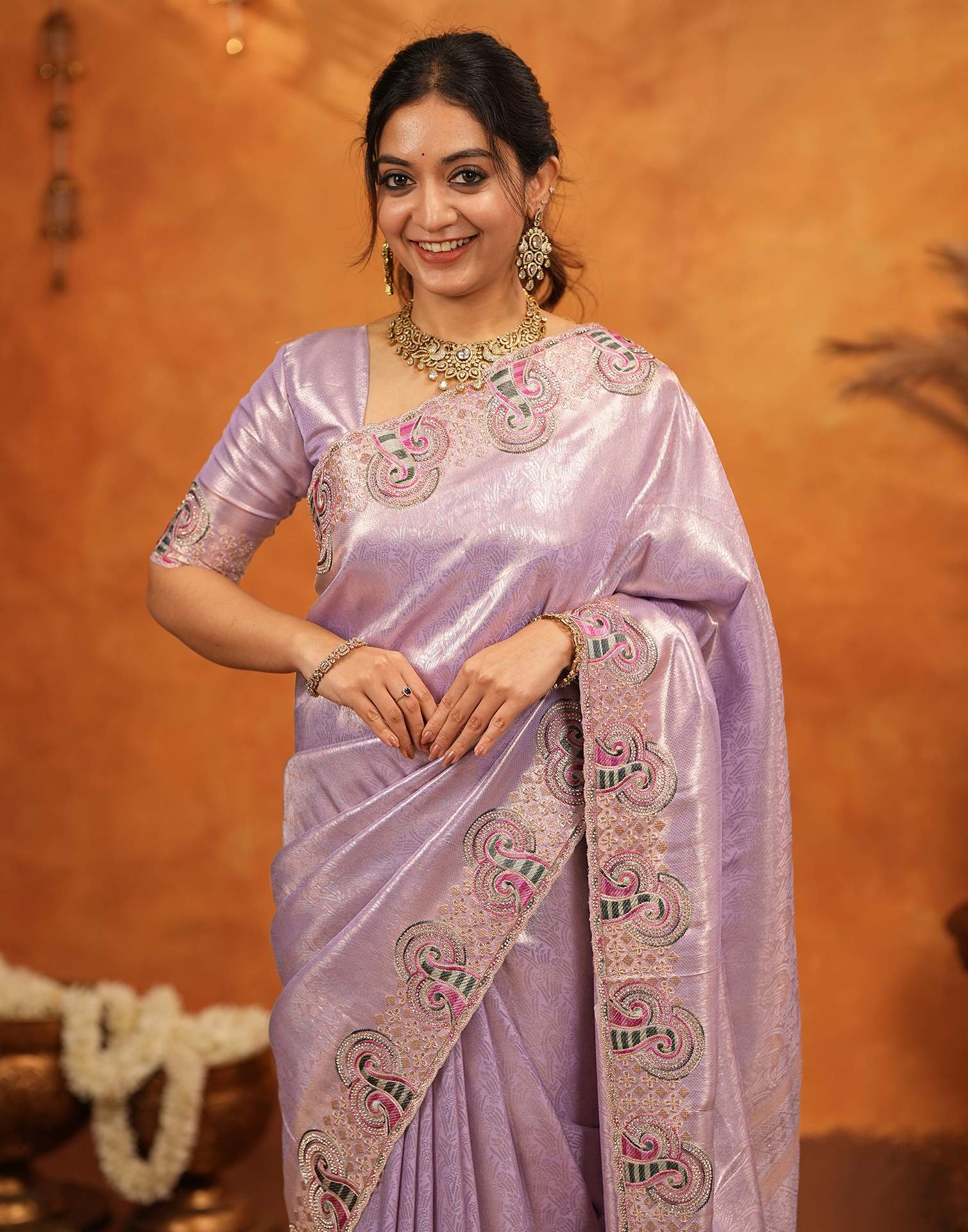 Lavender Silk Woven Embroidery Stone Work Embellished Saree