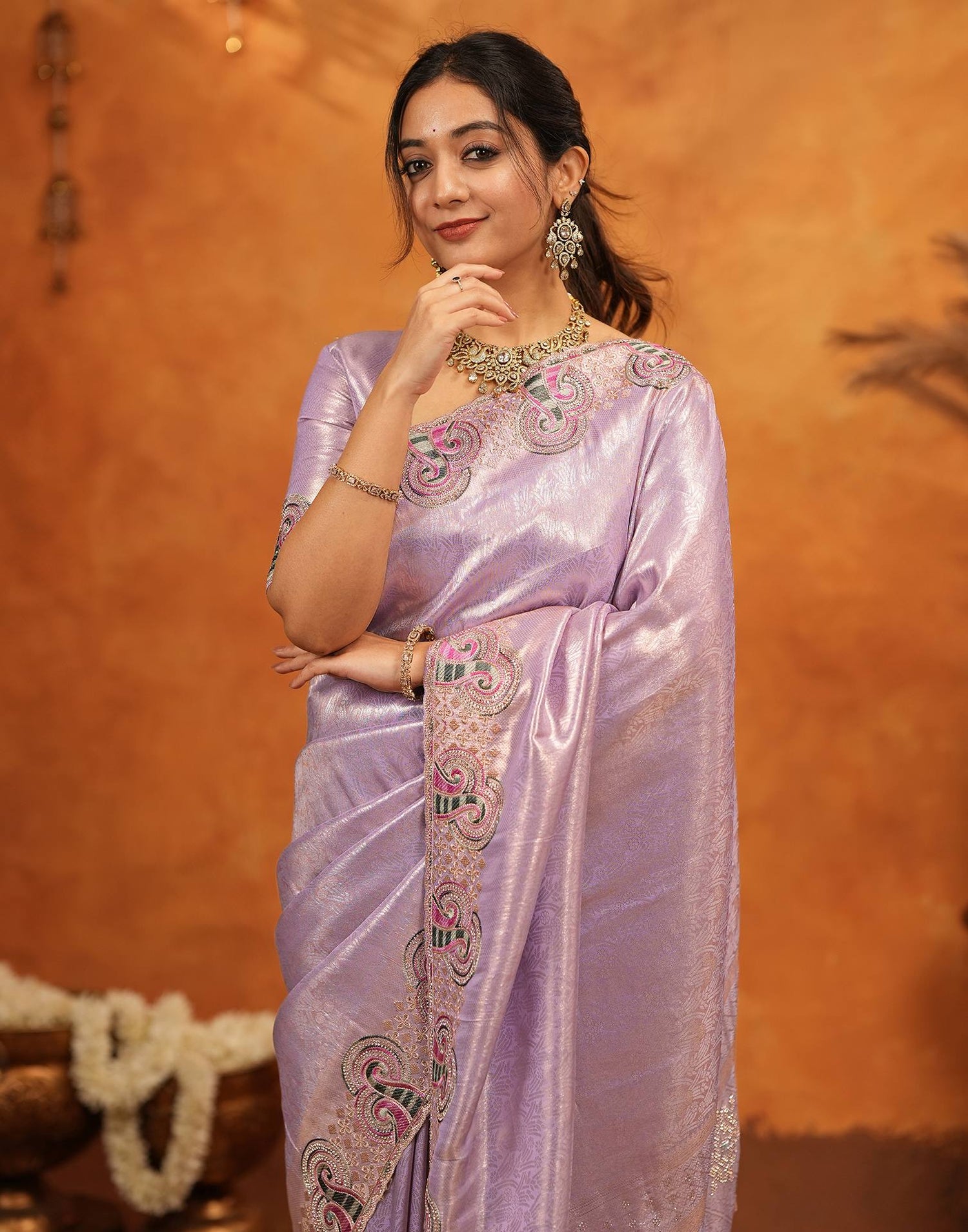 Lavender Silk Woven Embroidery Stone Work Embellished Saree