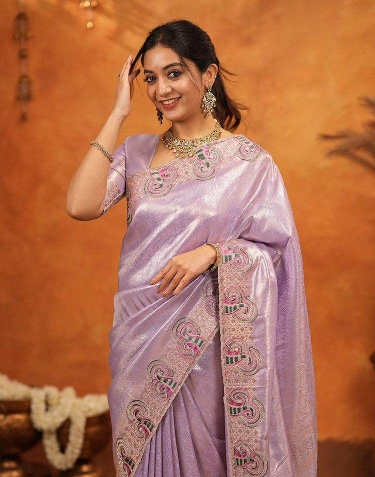 Lavender Silk Woven Embroidery Stone Work Embellished Saree