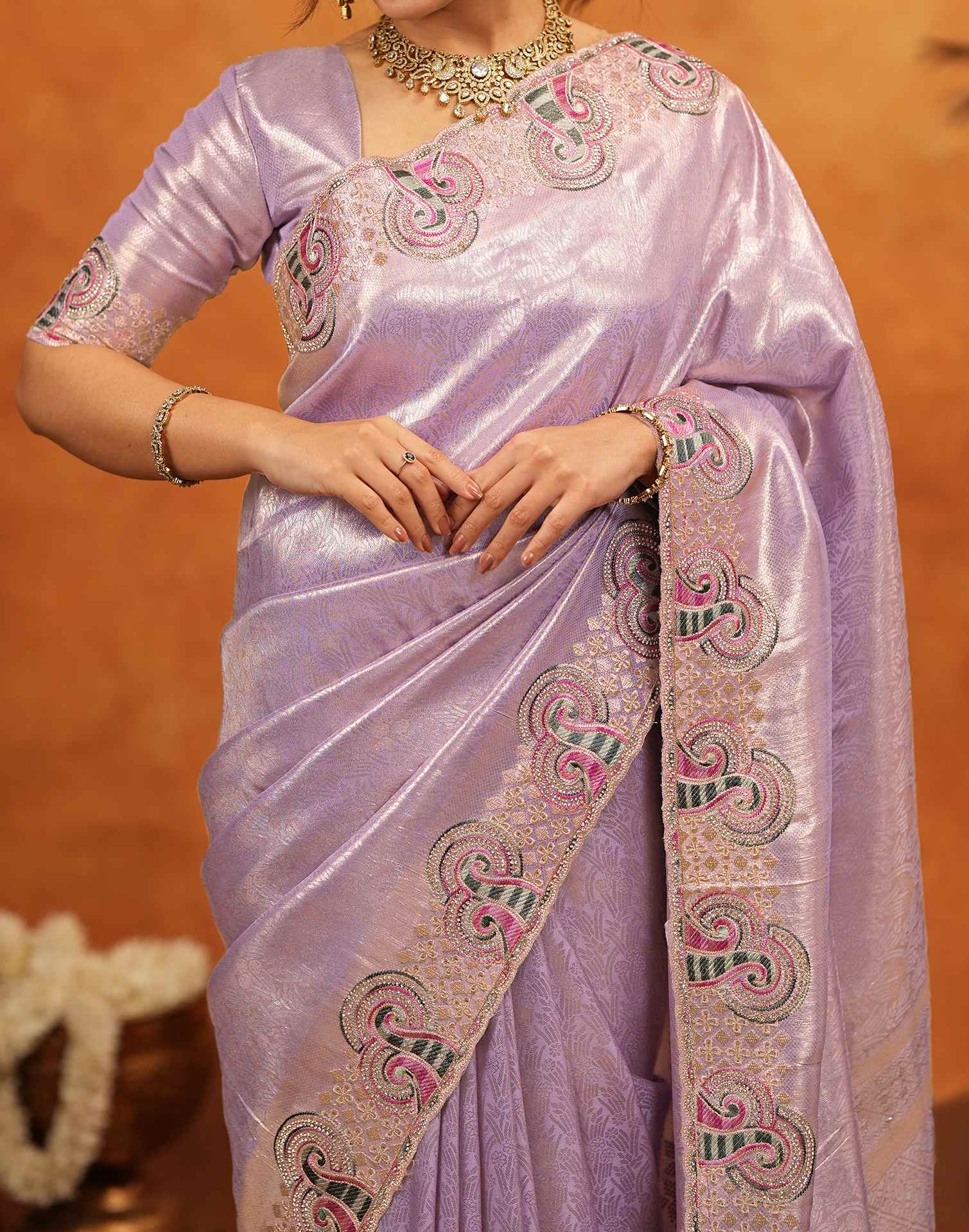 Lavender Silk Woven Embroidery Stone Work Embellished Saree
