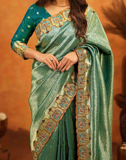 Teal Green Silk Woven Embroidery Stone Work Embellished Saree