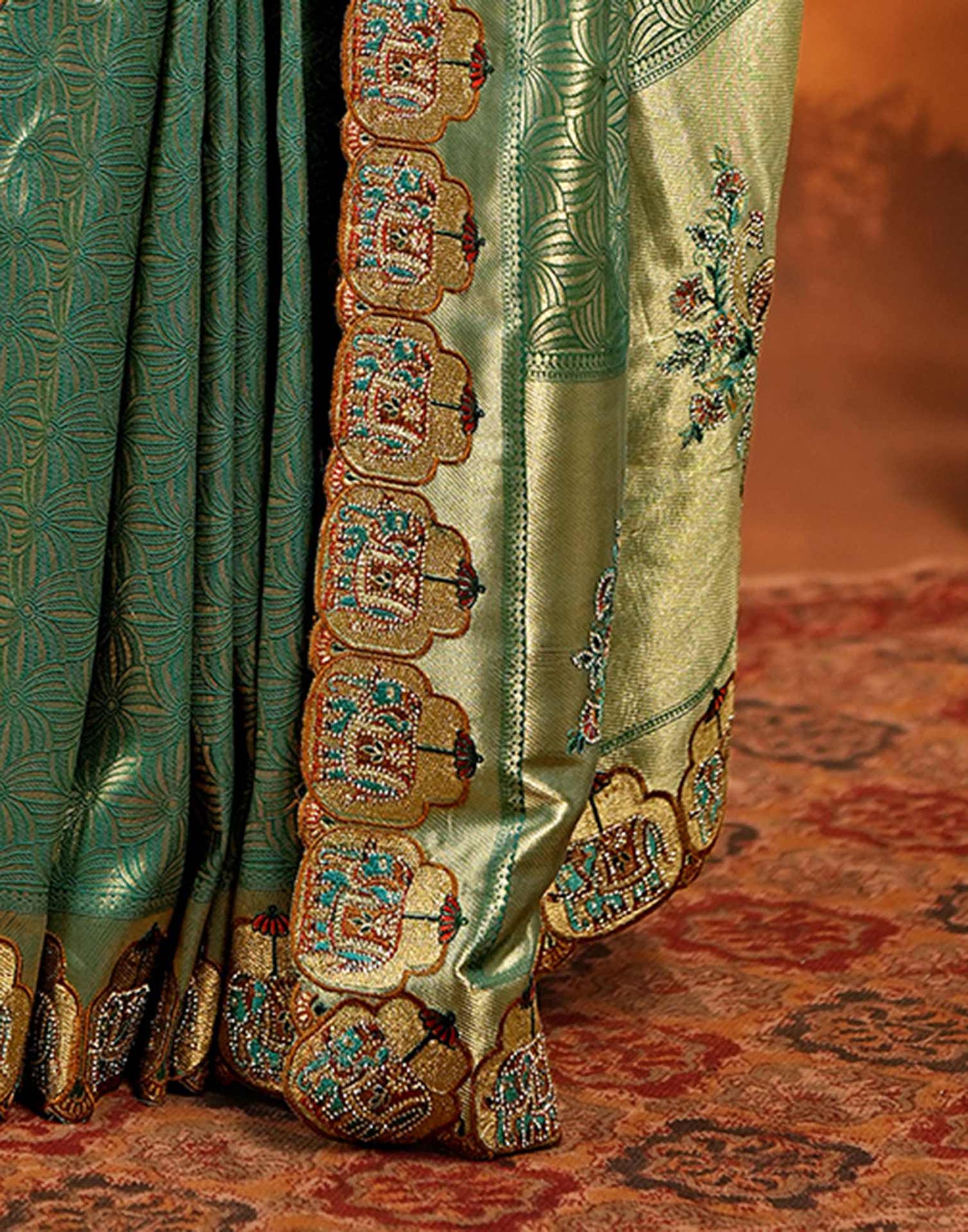 Teal Green Silk Woven Embroidery Stone Work Embellished Saree