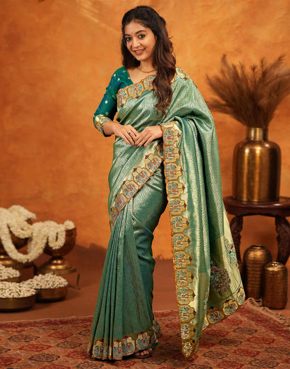 Teal Green Silk Woven Embroidery Stone Work Embellished Saree