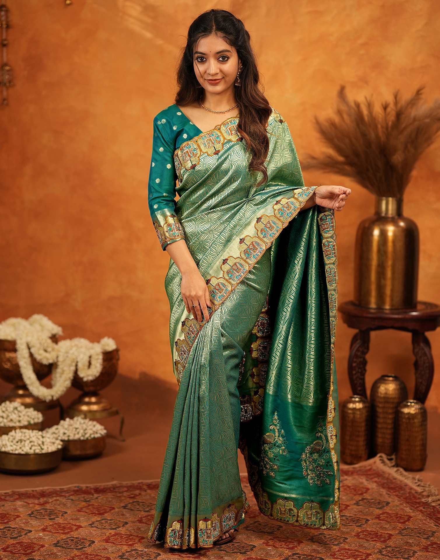 Teal Green Silk Woven Embroidery Stone Work Embellished Saree