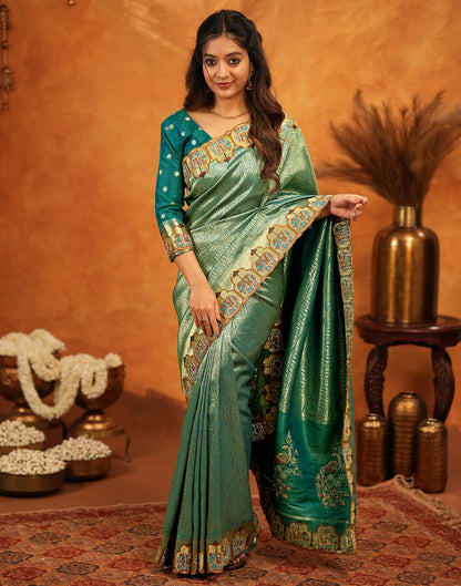 Teal Green Silk Woven Embroidery Stone Work Embellished Saree