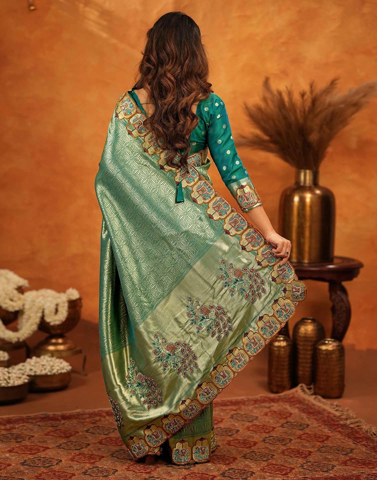 Teal Green Silk Woven Embroidery Stone Work Embellished Saree