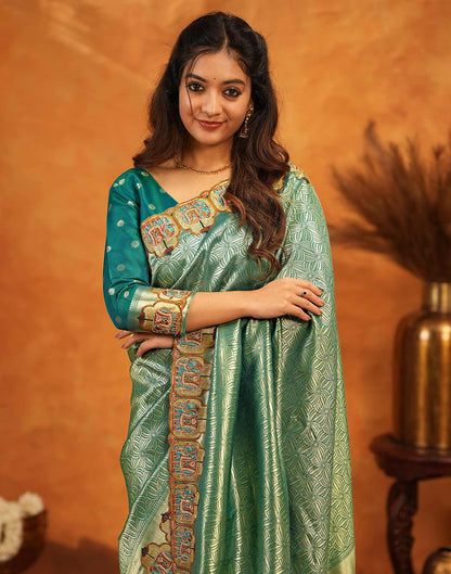 Teal Green Silk Woven Embroidery Stone Work Embellished Saree