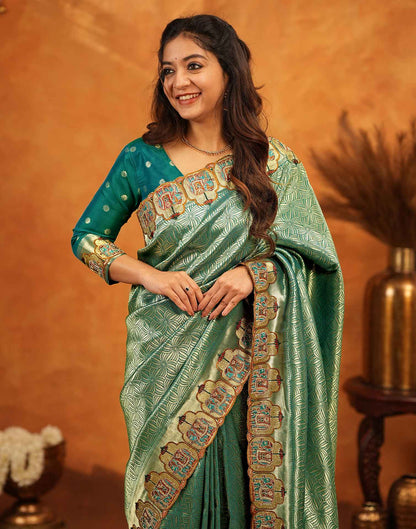 Teal Green Silk Woven Embroidery Stone Work Embellished Saree