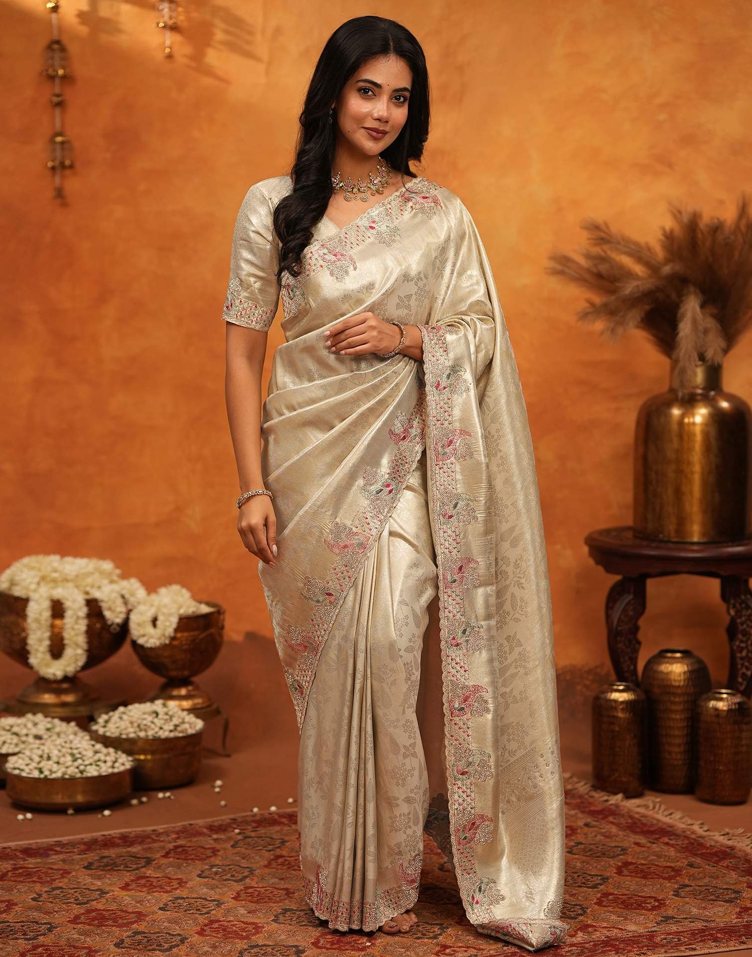 Beige Silk Woven Embroidery Stone Work Embellished Saree