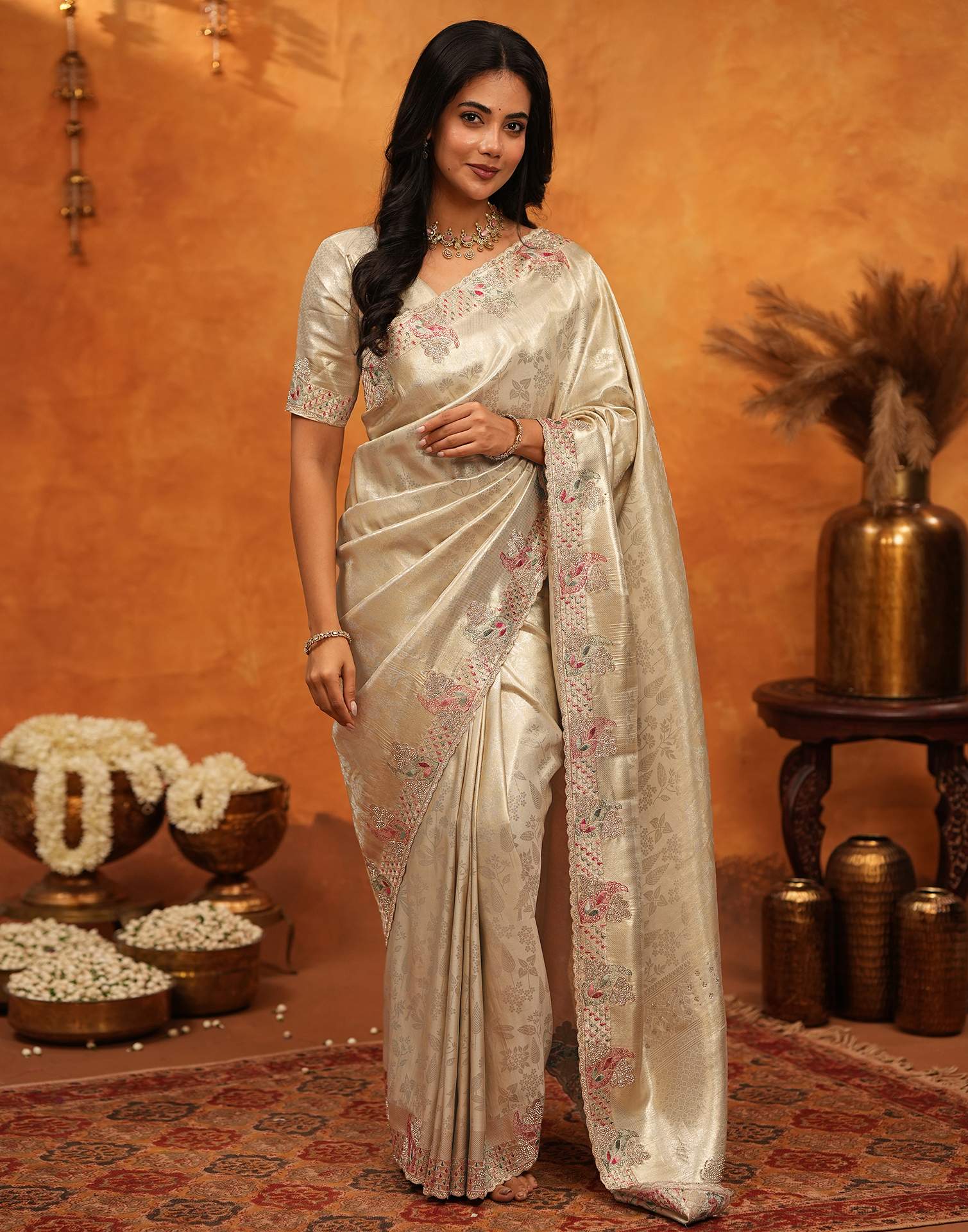 Beige Silk Woven Embroidery Stone Work Embellished Saree
