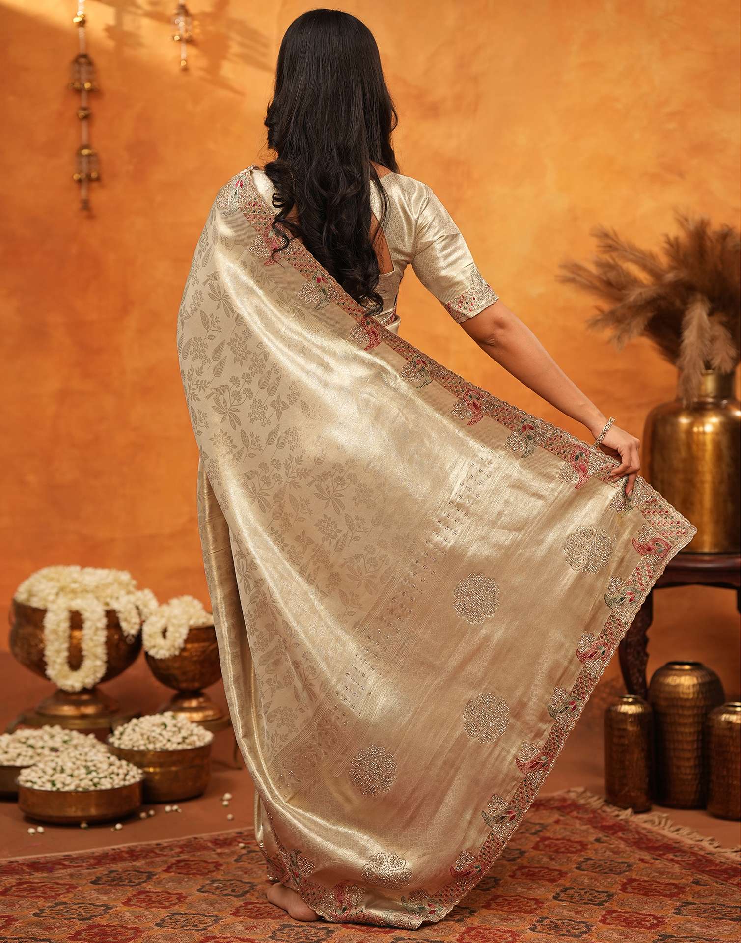 Beige Silk Woven Embroidery Stone Work Embellished Saree
