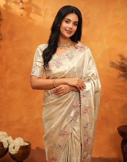 Beige Silk Woven Embroidery Stone Work Embellished Saree