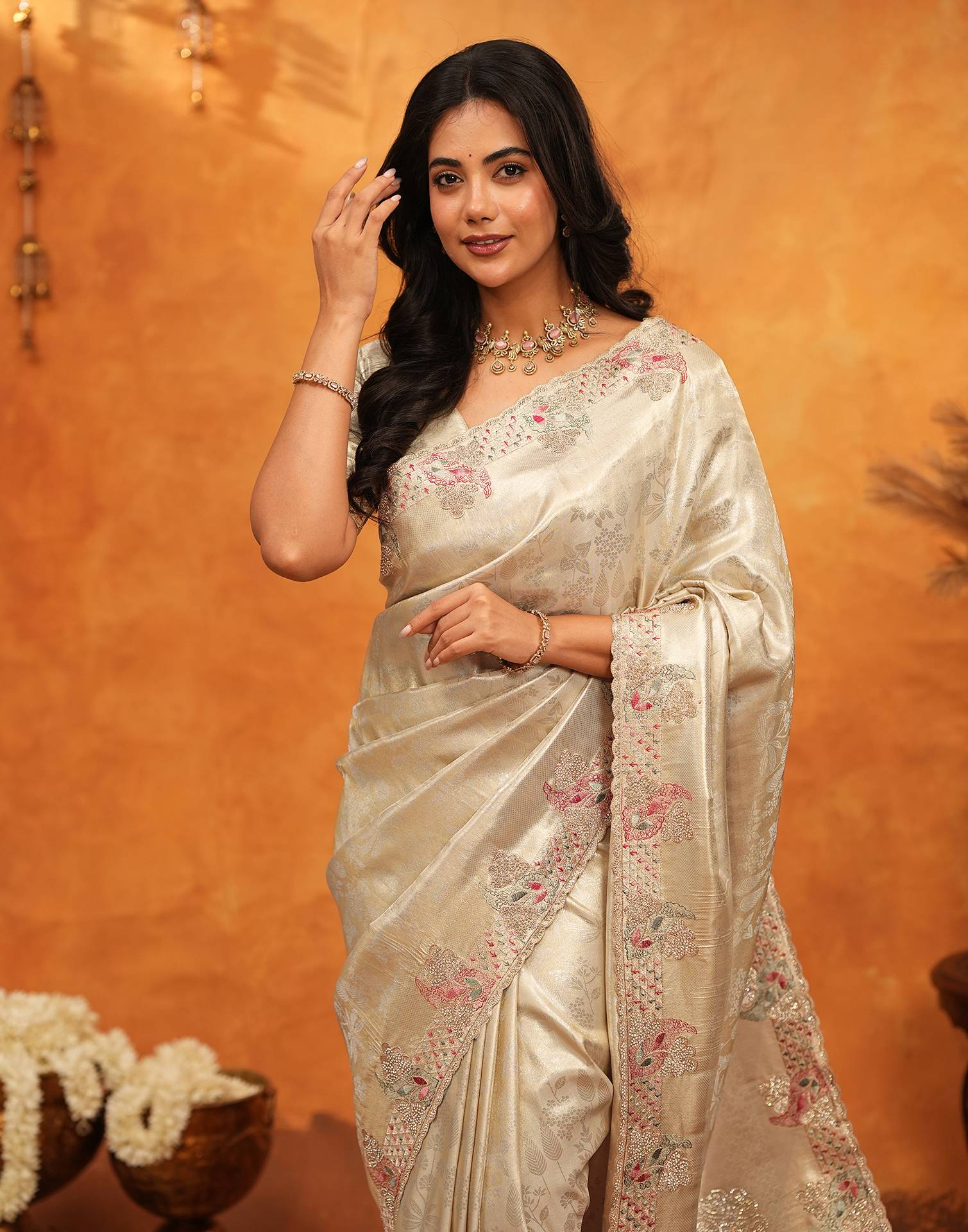 Beige Silk Woven Embroidery Stone Work Embellished Saree