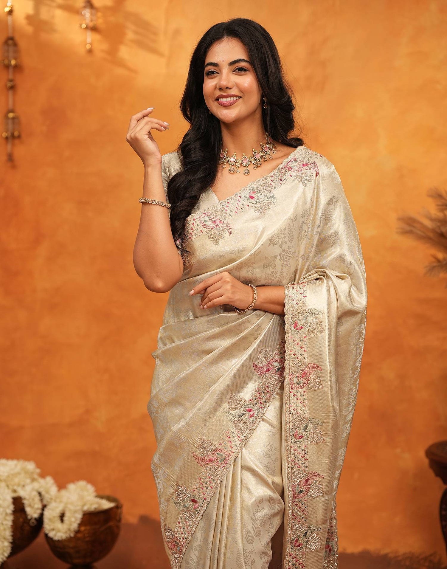 Beige Silk Woven Embroidery Stone Work Embellished Saree
