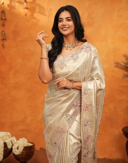 Beige Silk Woven Embroidery Stone Work Embellished Saree