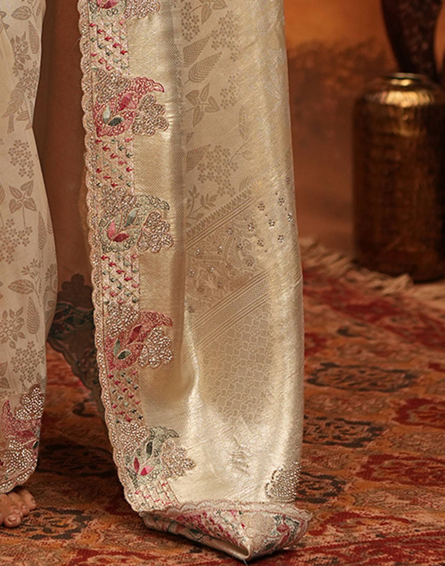 Beige Silk Woven Embroidery Stone Work Embellished Saree