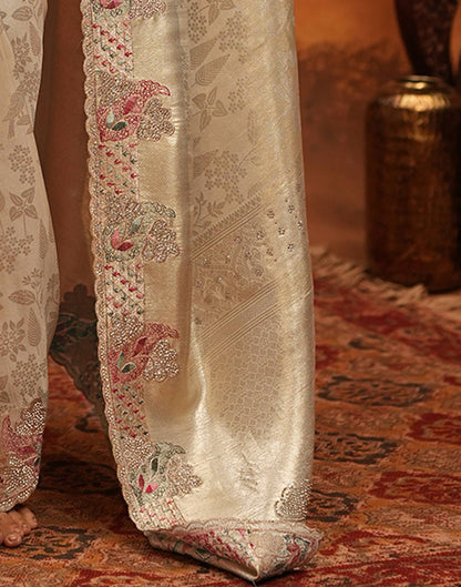 Beige Silk Woven Embroidery Stone Work Embellished Saree