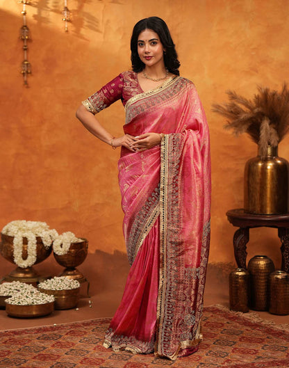 Coral Pink Silk Woven Banarasi Saree