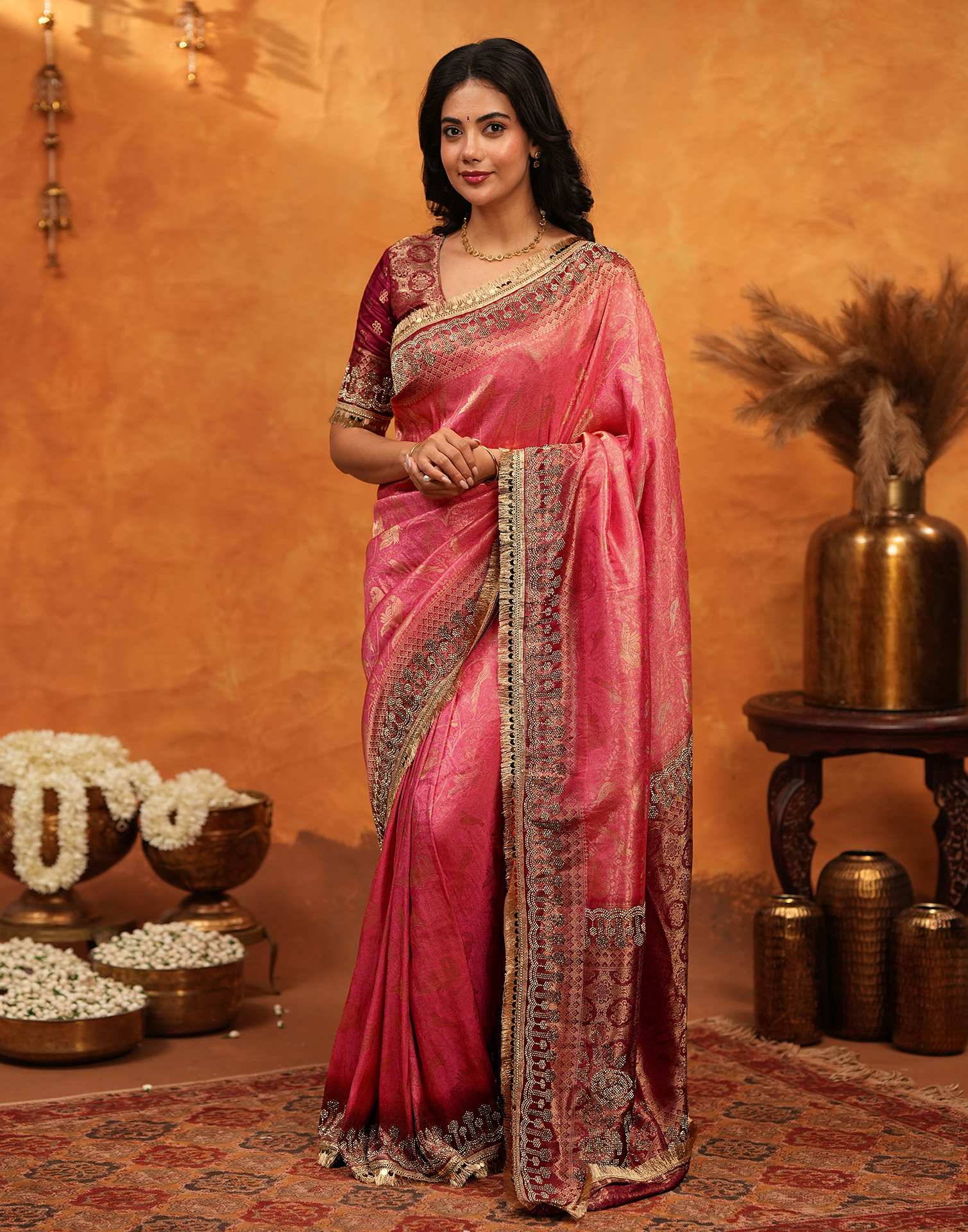 Coral Pink Silk Woven Banarasi Saree