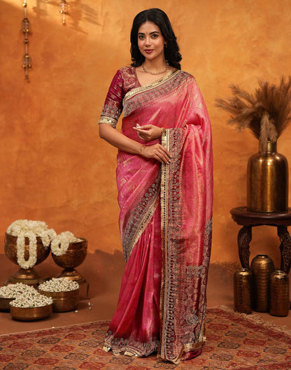 Coral Pink Silk Woven Banarasi Saree