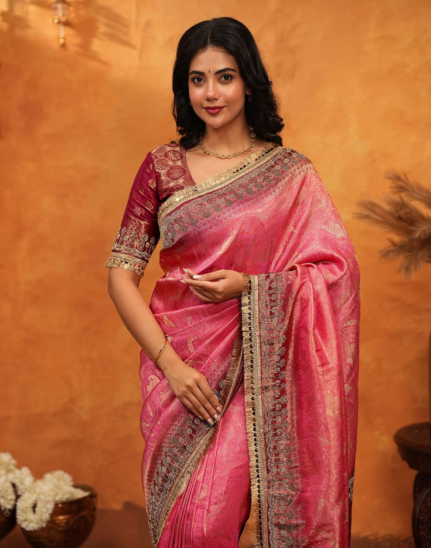 Coral Pink Silk Woven Banarasi Saree