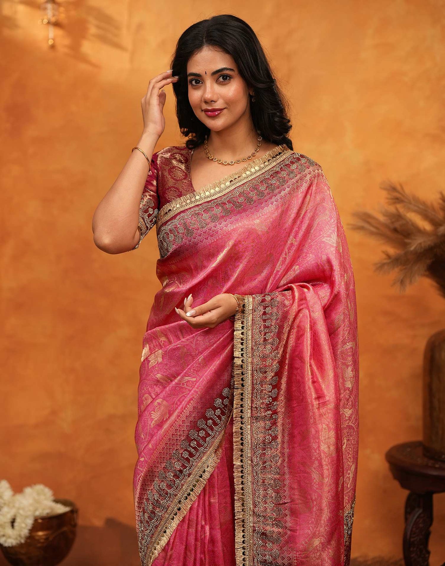Coral Pink Silk Woven Banarasi Saree