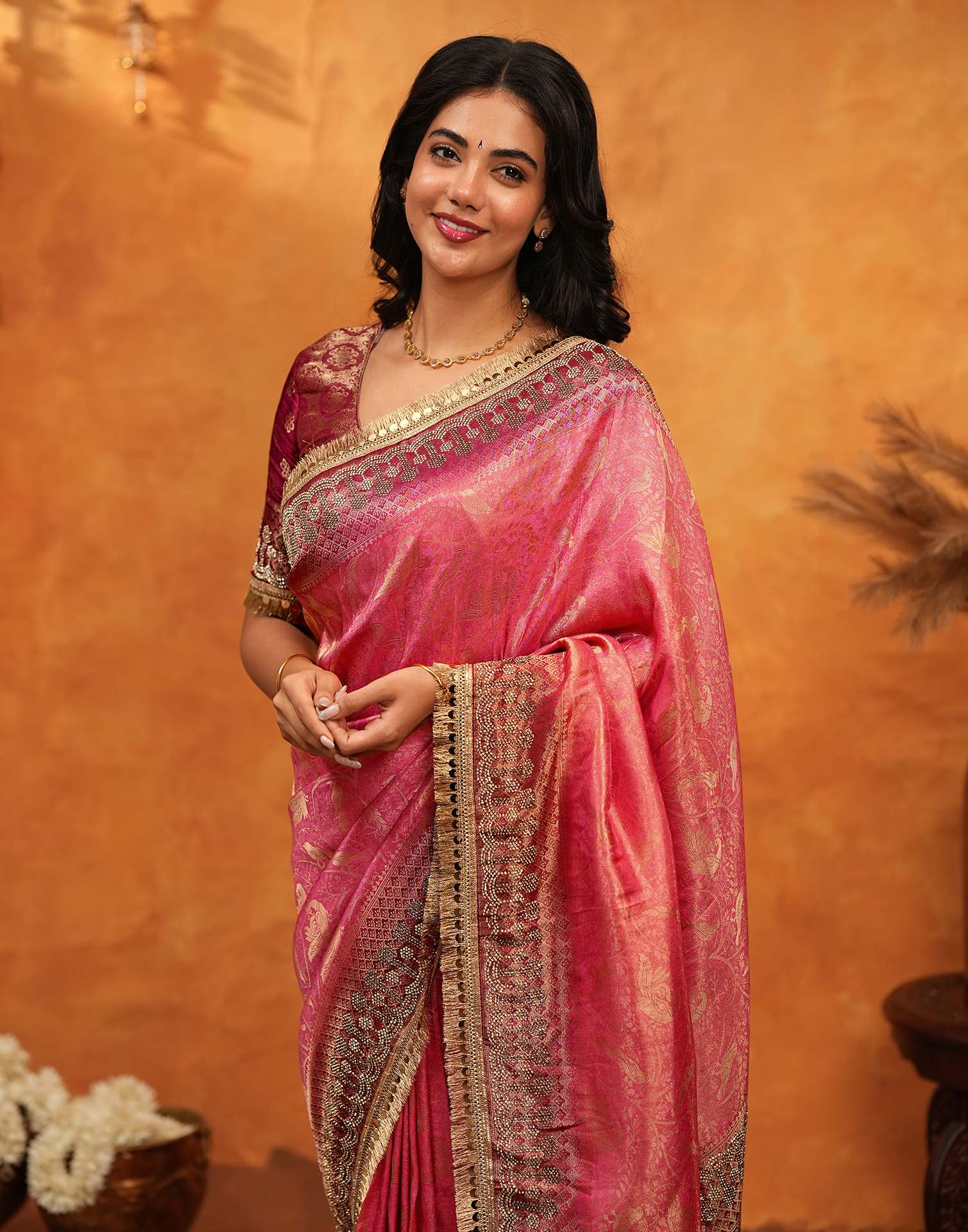 Coral Pink Silk Woven Banarasi Saree