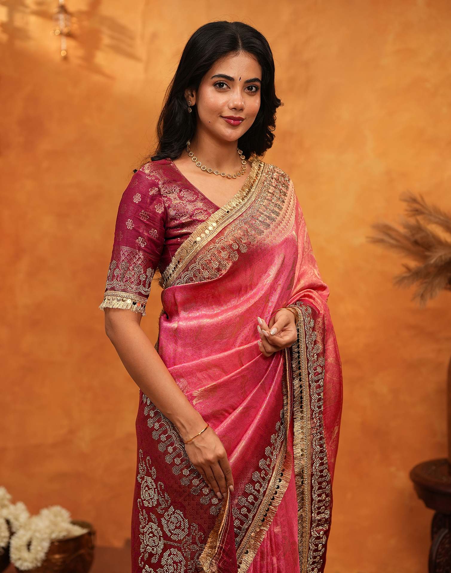 Coral Pink Silk Woven Banarasi Saree