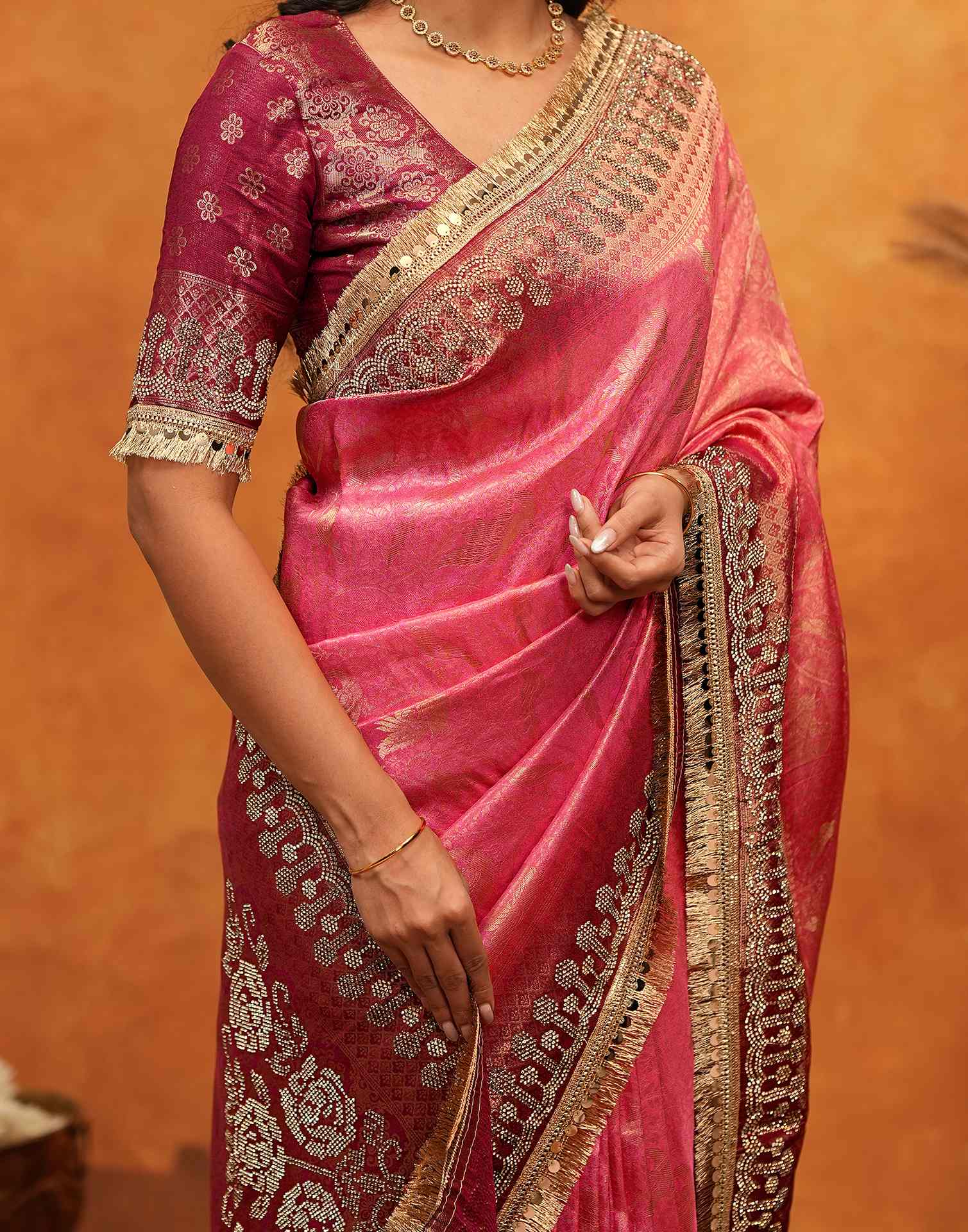 Coral Pink Silk Woven Banarasi Saree