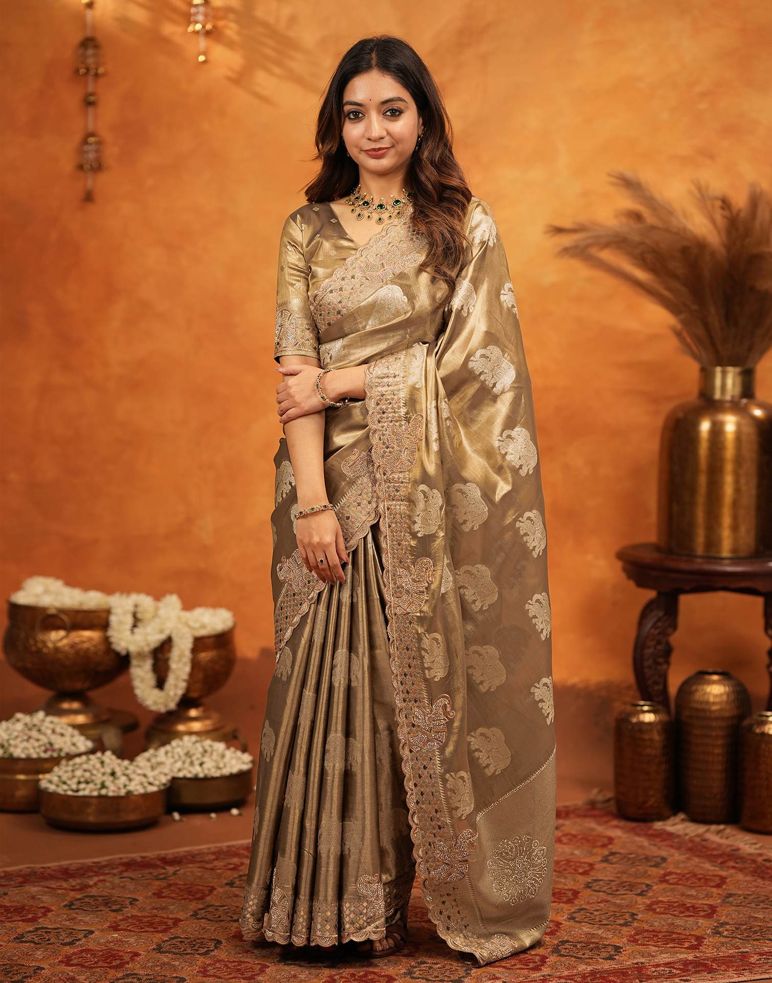 Dark Beige Silk Woven Embroidery Stone Work Embellished Saree