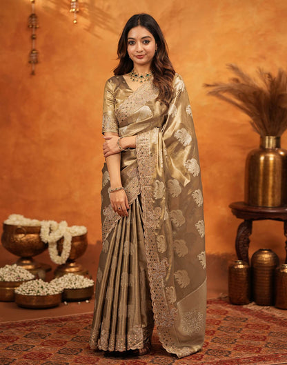 Dark Beige Silk Woven Embroidery Stone Work Embellished Saree