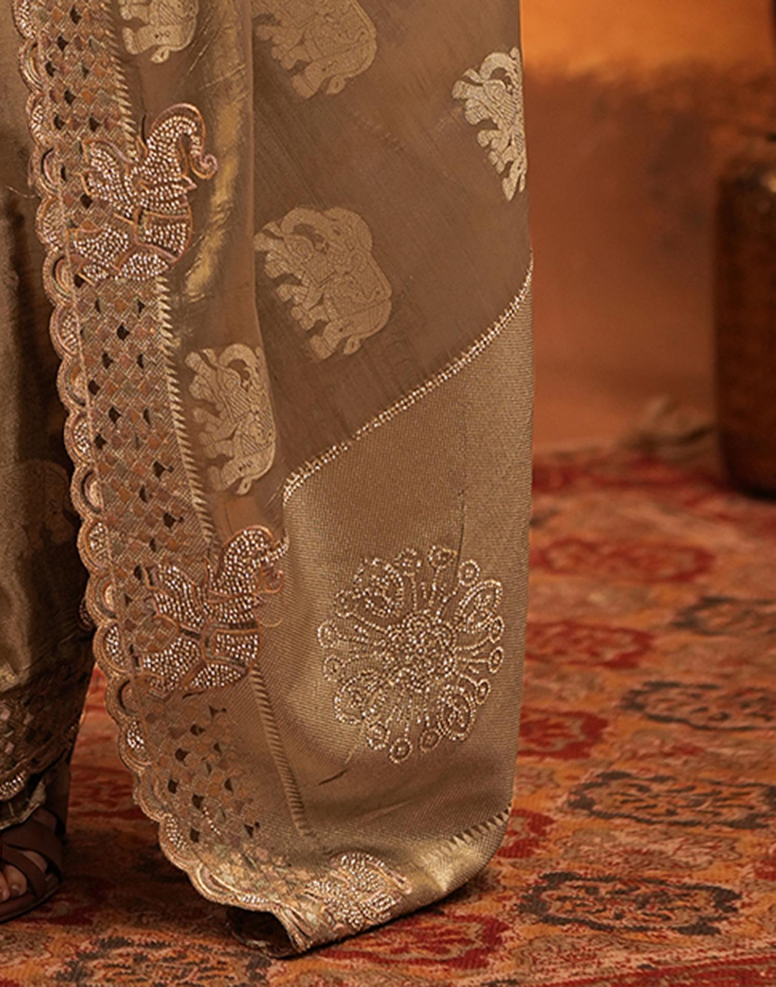 Dark Beige Silk Woven Embroidery Stone Work Embellished Saree