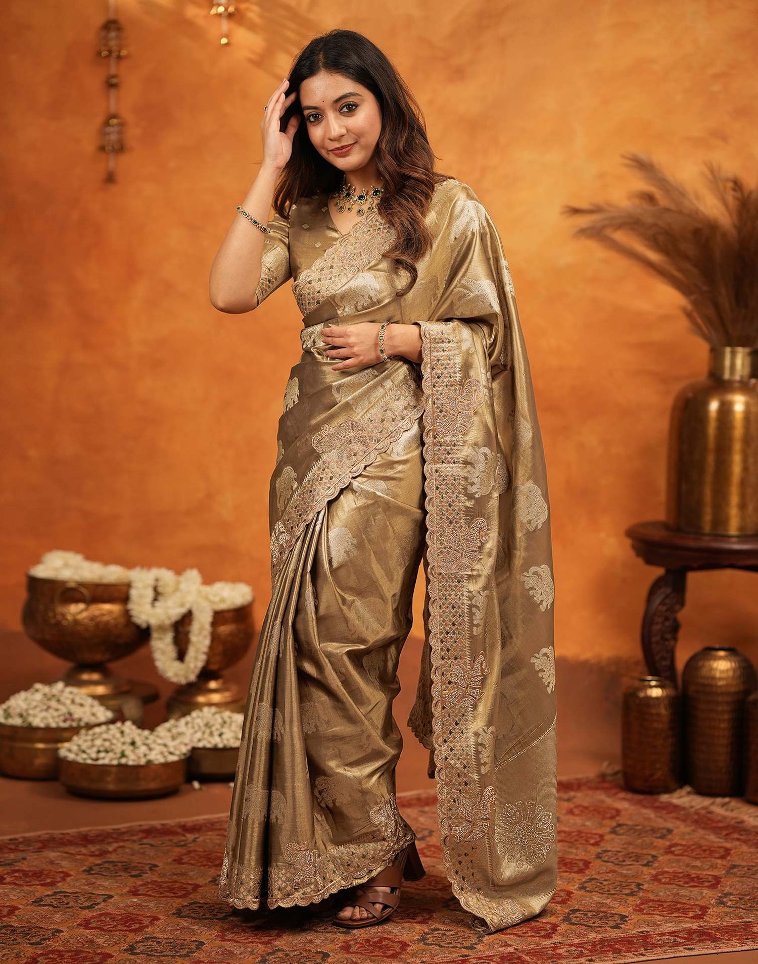 Dark Beige Silk Woven Embroidery Stone Work Embellished Saree