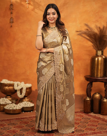 Dark Beige Silk Woven Embroidery Stone Work Embellished Saree