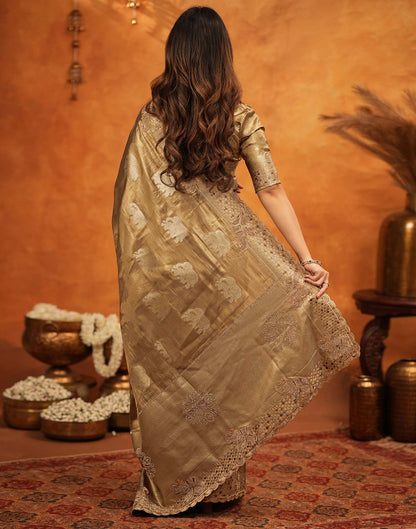 Dark Beige Silk Woven Embroidery Stone Work Embellished Saree