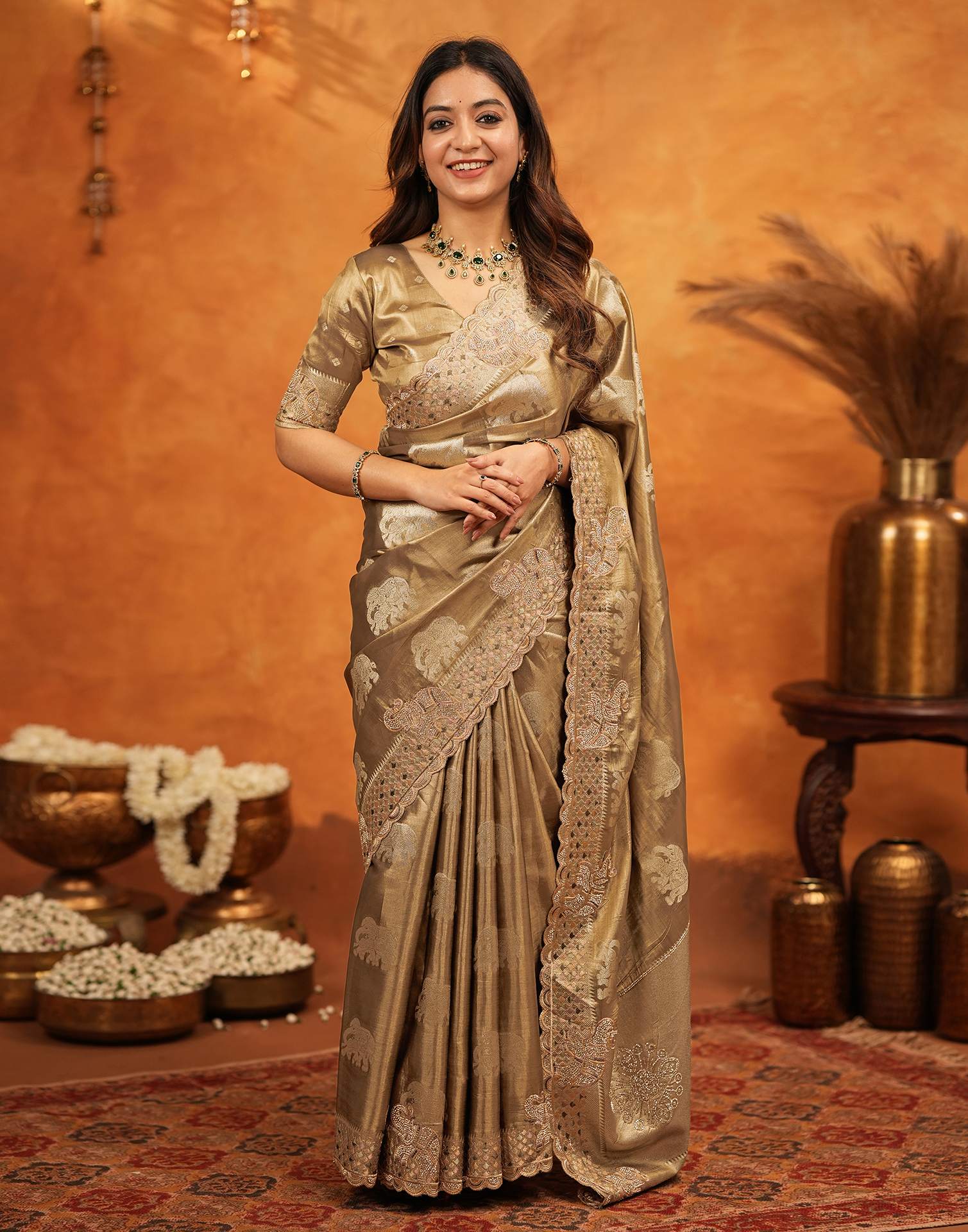 Dark Beige Silk Woven Embroidery Stone Work Embellished Saree