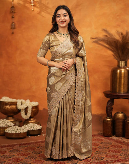 Dark Beige Silk Woven Embroidery Stone Work Embellished Saree