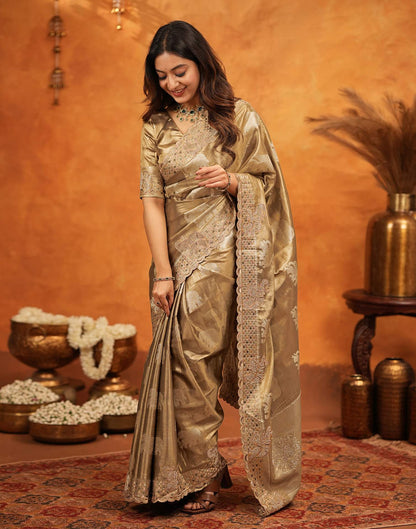Dark Beige Silk Woven Embroidery Stone Work Embellished Saree