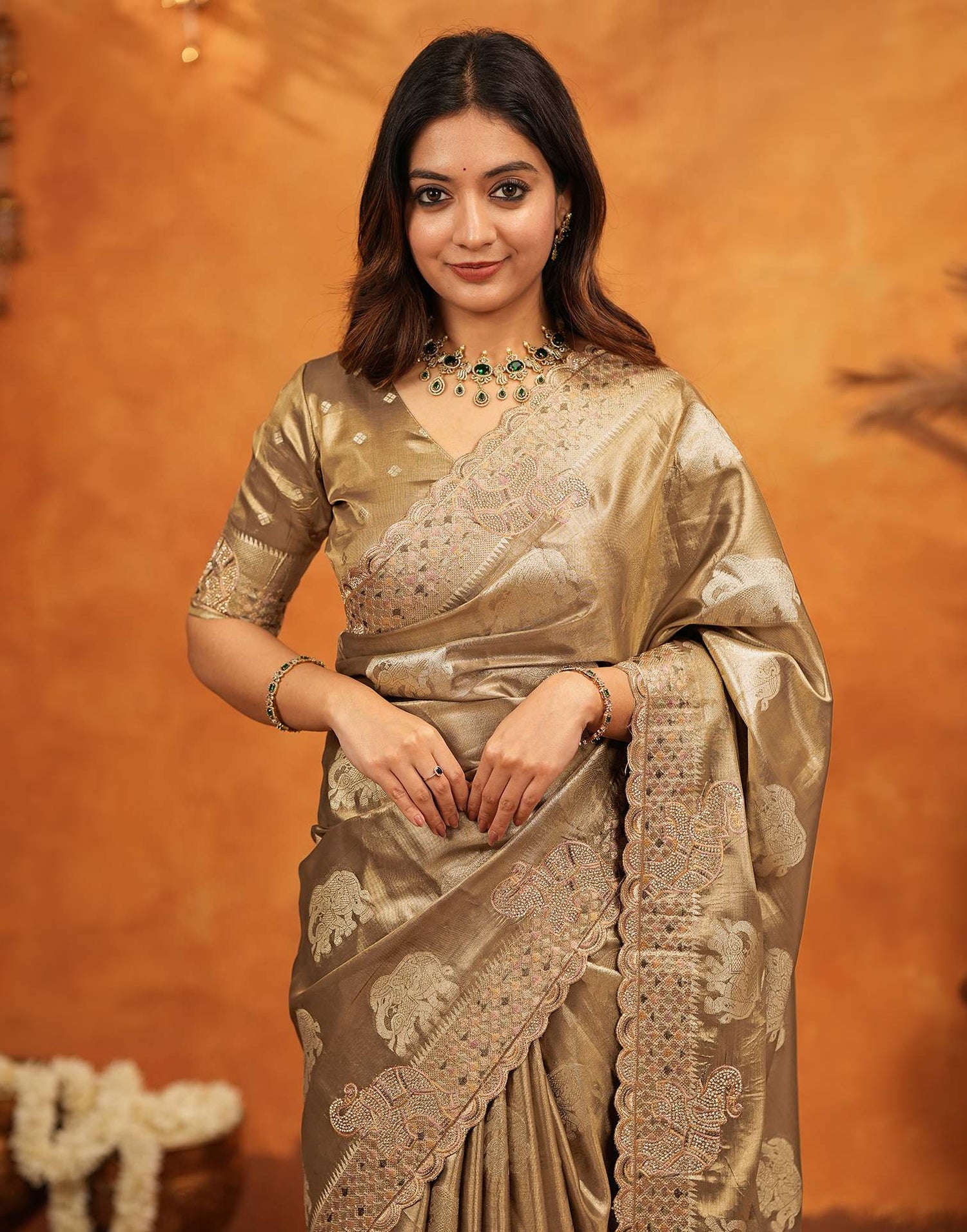 Dark Beige Silk Woven Embroidery Stone Work Embellished Saree