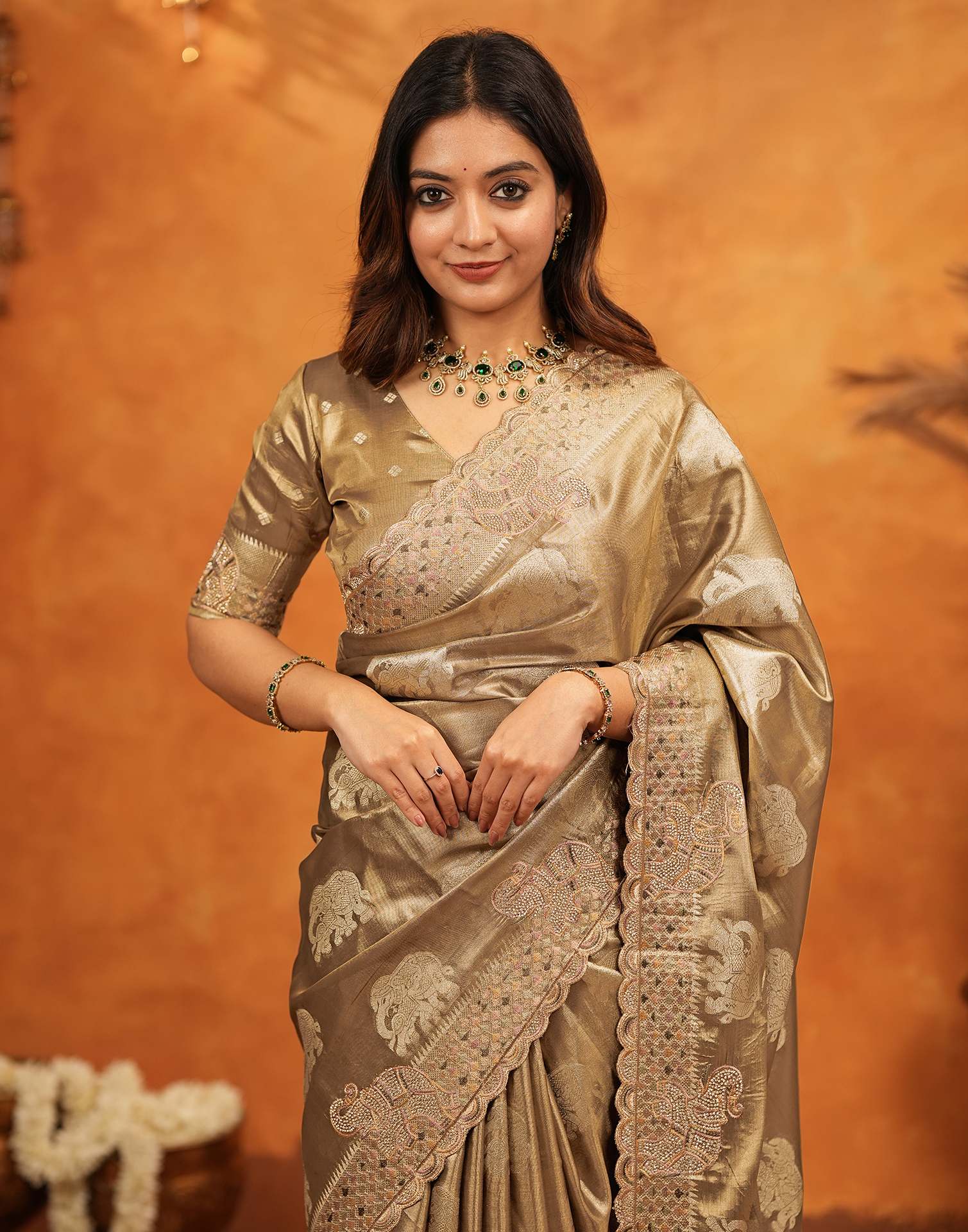 Dark Beige Silk Woven Embroidery Stone Work Embellished Saree