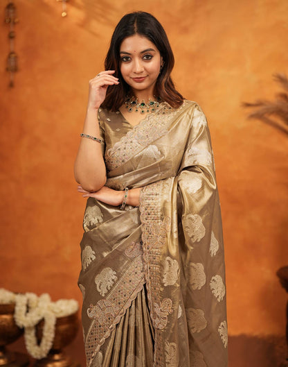 Dark Beige Silk Woven Embroidery Stone Work Embellished Saree