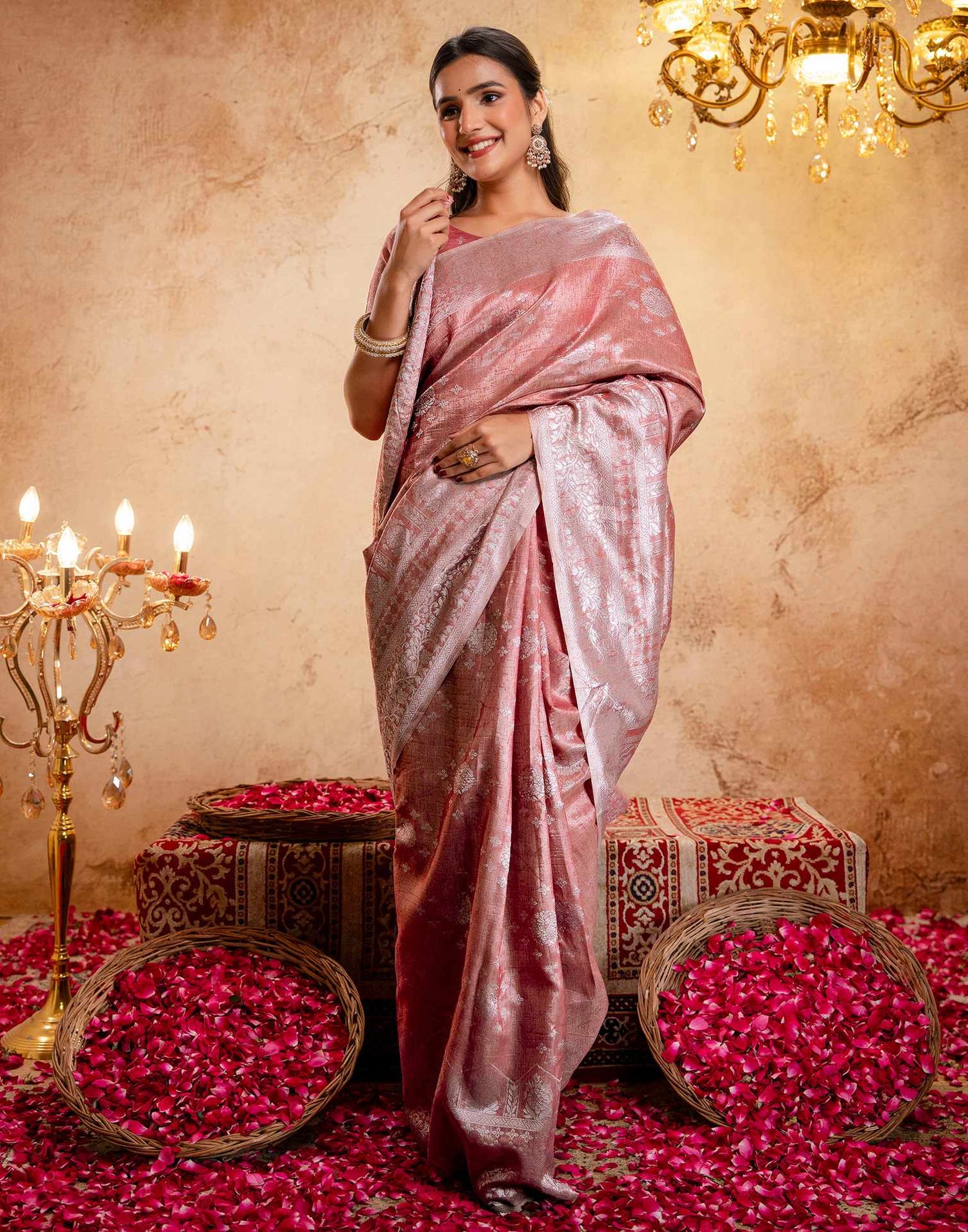 Dusty Peach Silk Woven Banarasi Saree