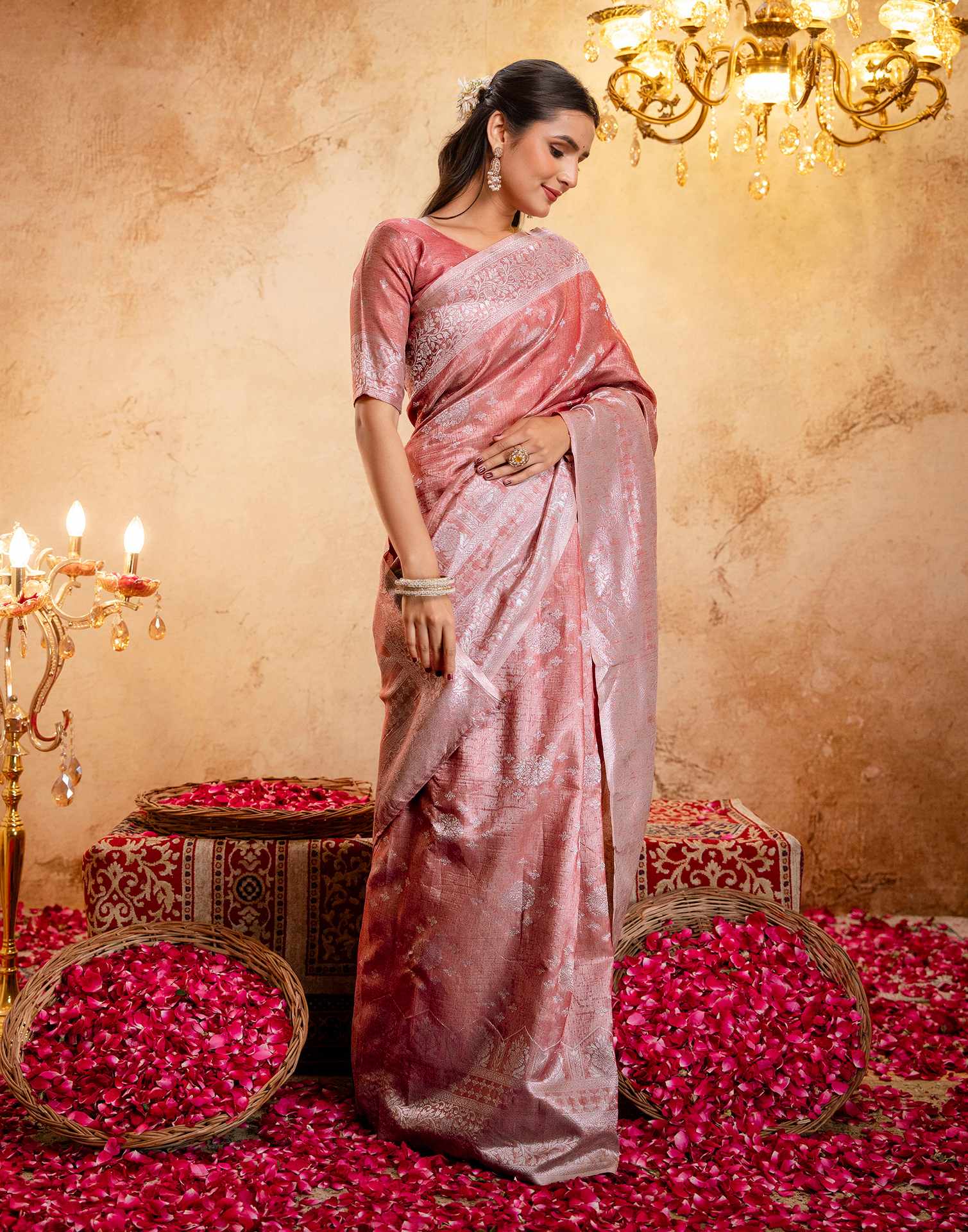 Dusty Peach Silk Woven Banarasi Saree