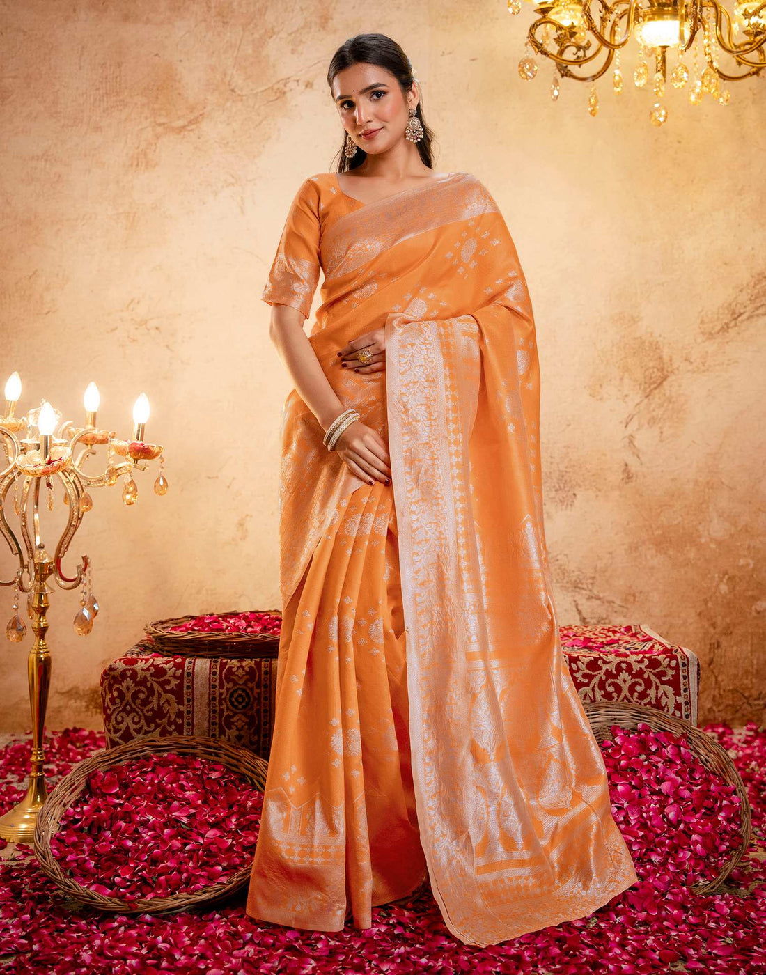 Orange Silk Woven Banarasi Saree