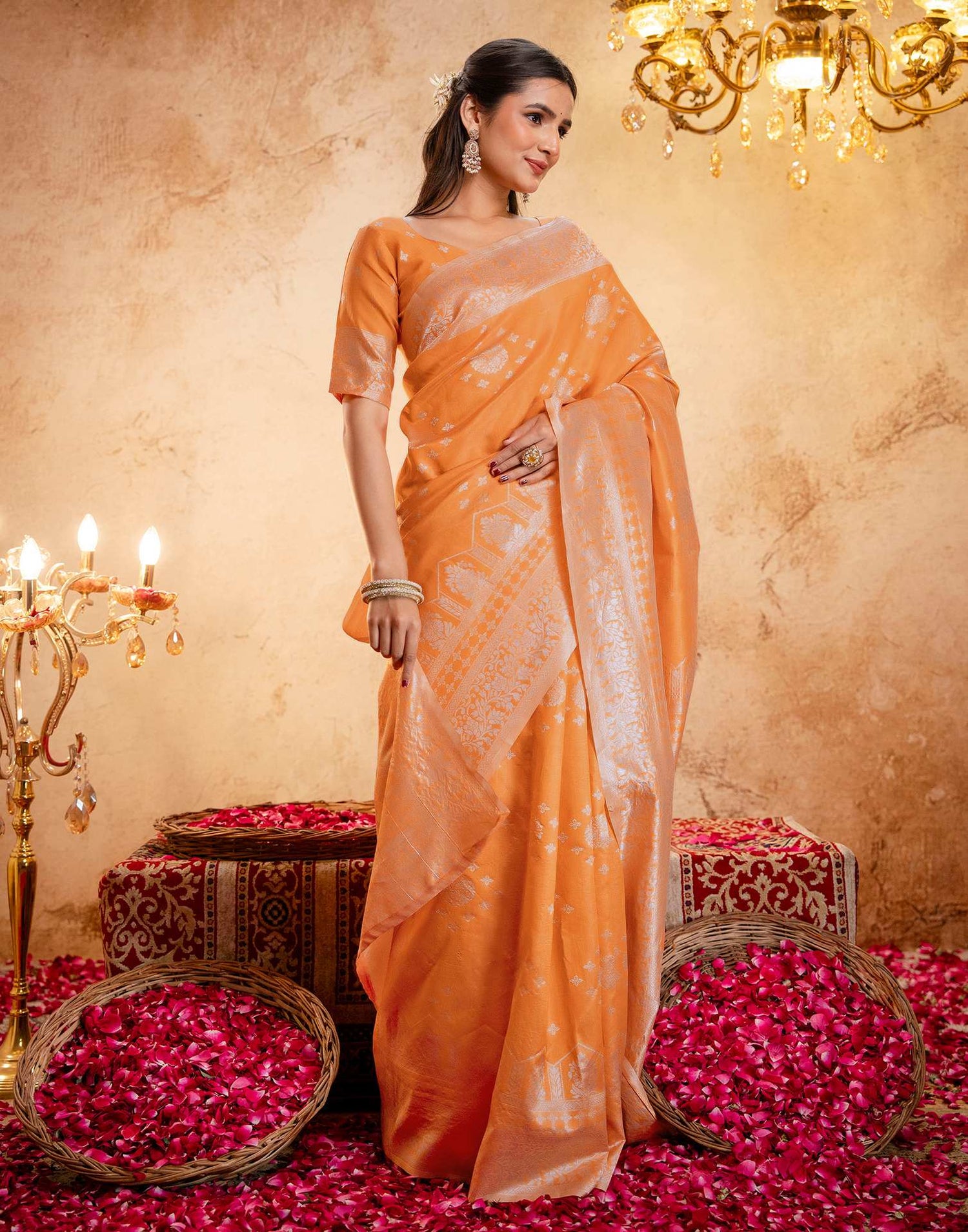 Orange Silk Woven Banarasi Saree