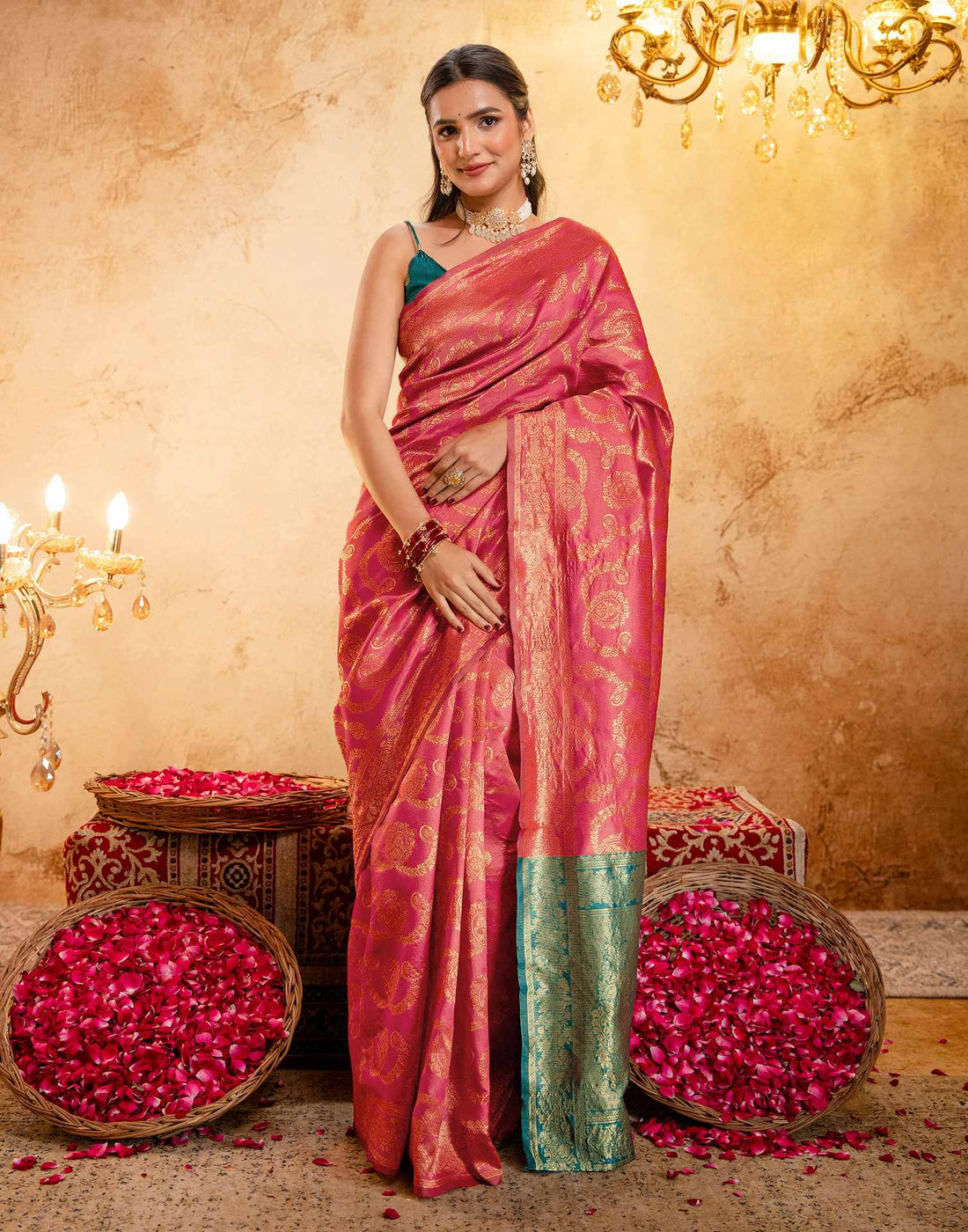 Coral Pink Silk Woven Banarasi Saree