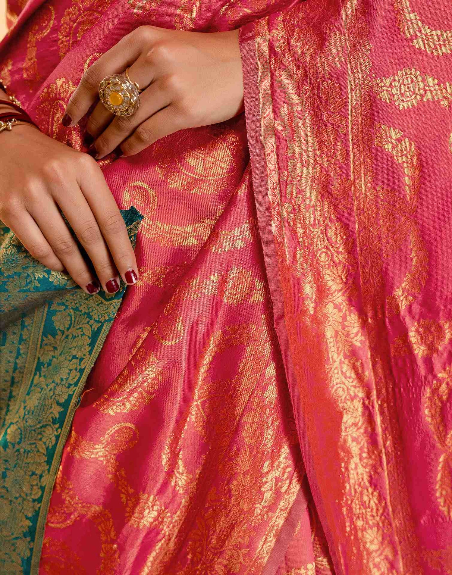 Coral Pink Silk Woven Banarasi Saree