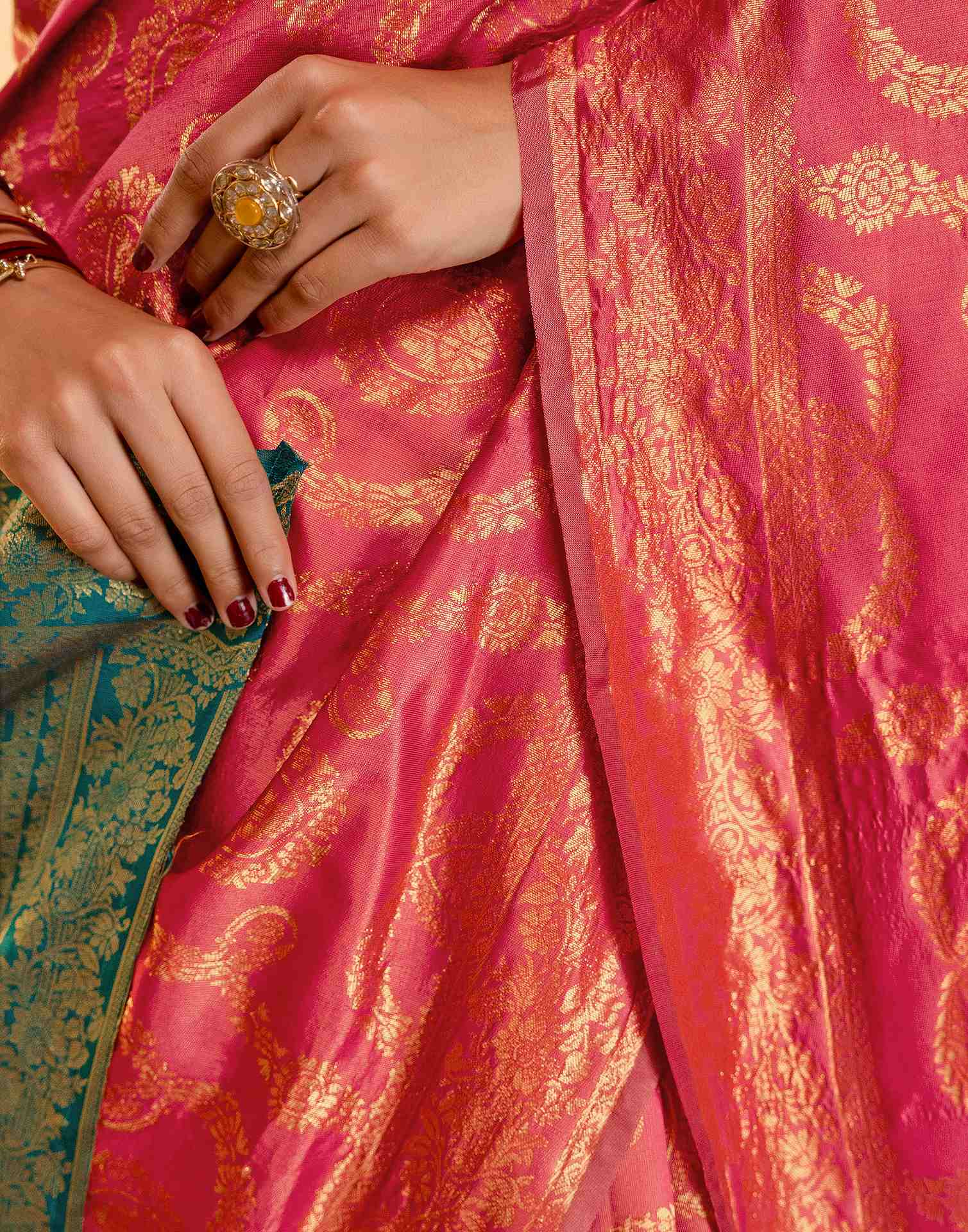Coral Pink Silk Woven Banarasi Saree