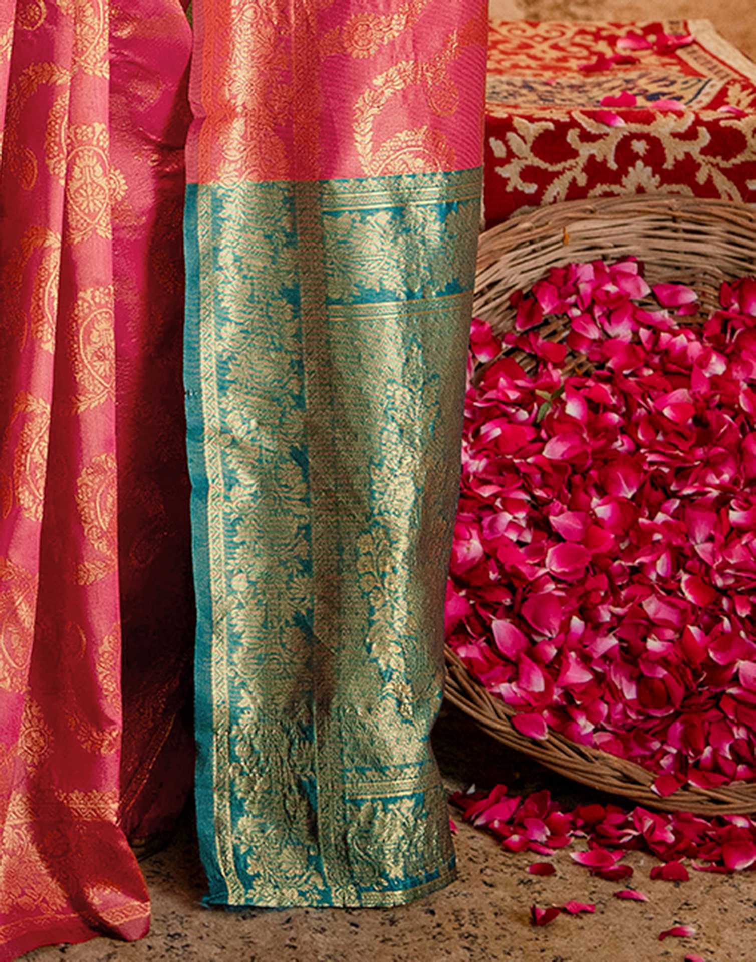 Coral Pink Silk Woven Banarasi Saree