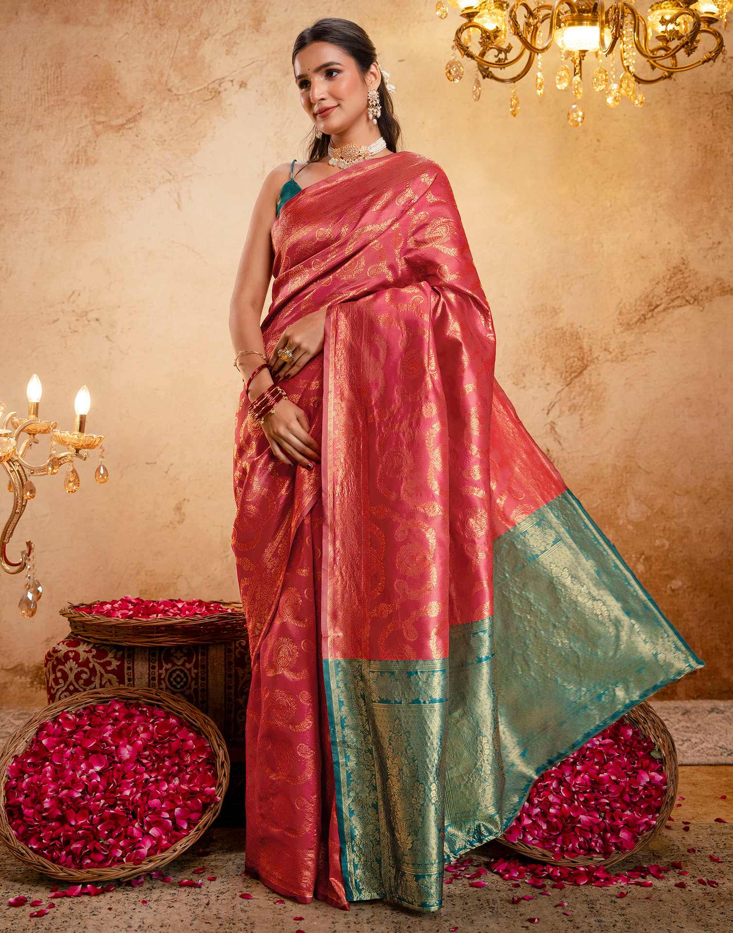 Coral Pink Silk Woven Banarasi Saree